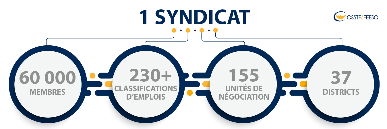 1 syndicat, 60000 membres, 230+ classifications d'emplois, 155 unités de négociation, 37 districts
